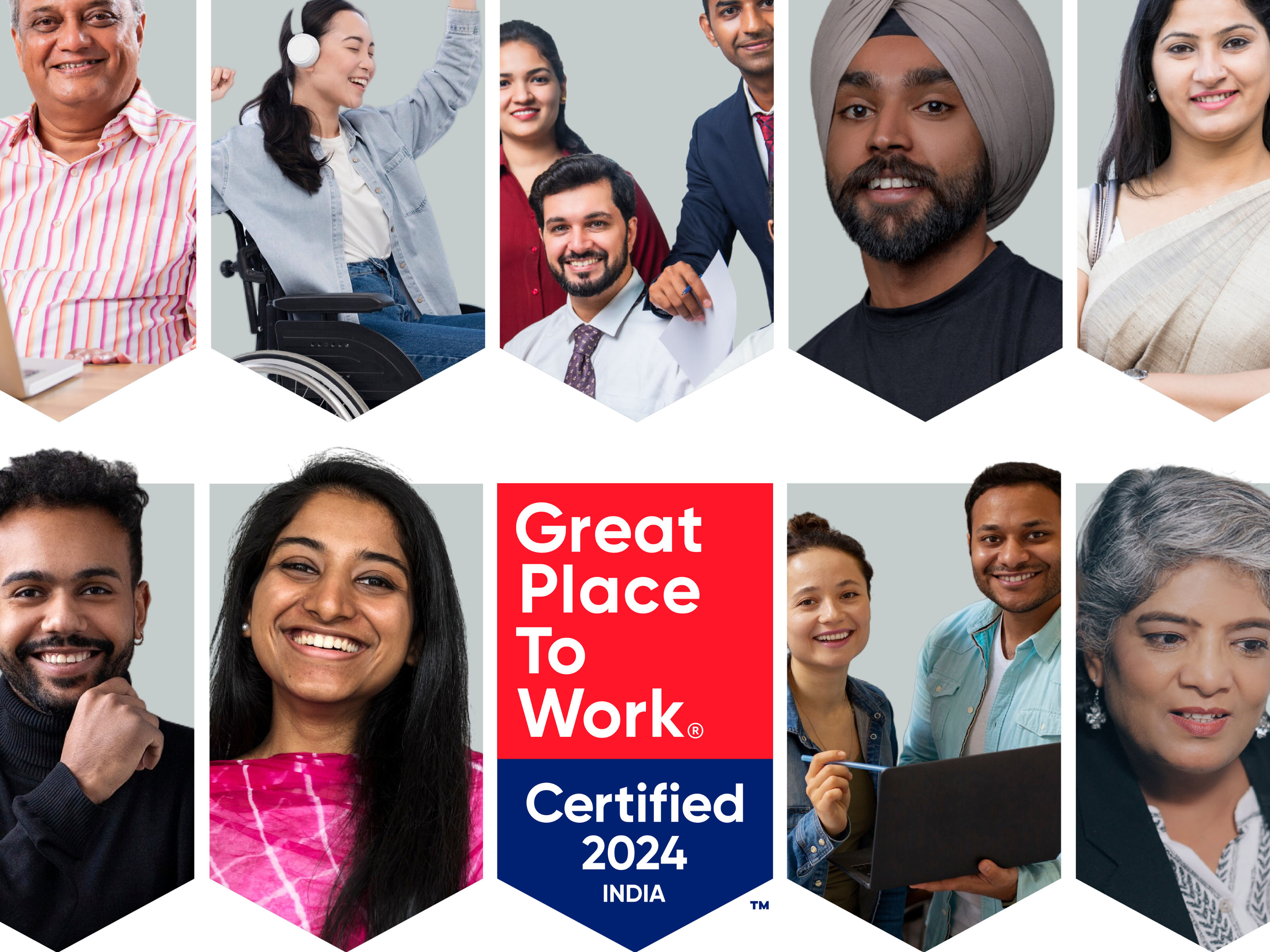 Badge of Great Place To Work Certification™ with various portraits of working professionals.